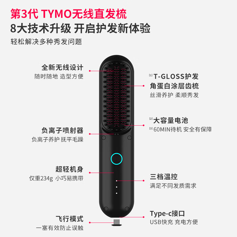 山姆会员代购TYMO无线直发梳：解锁美发新姿势，负离子养发护发神器！