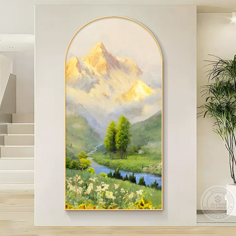 轻奢入户玄关装饰画：日照金山走廊过道挂画，新中式高级感正对门壁画，如何装点你的家?