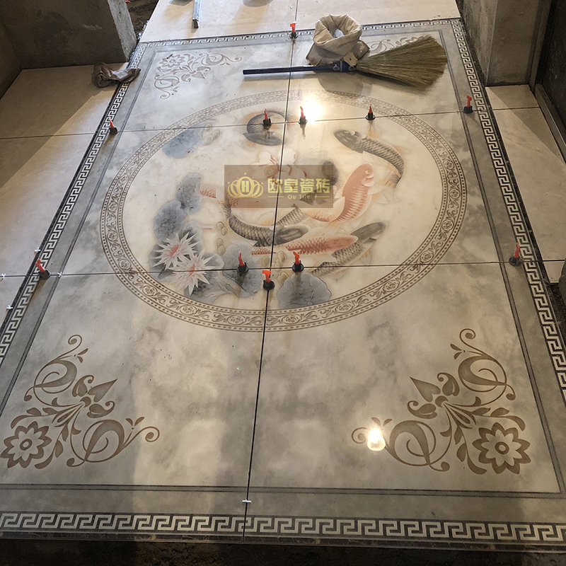 中式别墅客厅装修秘籍：莲花荷花九鱼聚财图地板砖入户门厅玄关餐厅拼花地砖