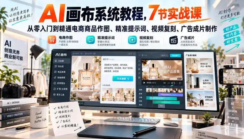 AI画布系统教程，7节实战课从零入门到精通电商商品作图、精准提示词、视频复刻、广告成片制作