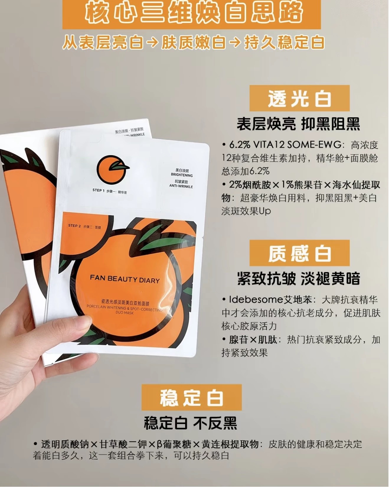 范冰冰同款VC大桔面膜，美白淡斑补水神器，你值得拥有！✨