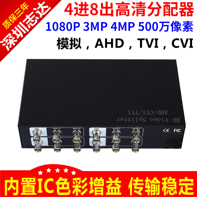 4进8出高清视频放大器分配器：AHD/CVI/TVI同轴1080P彩色图像增强，解锁监控新境界！