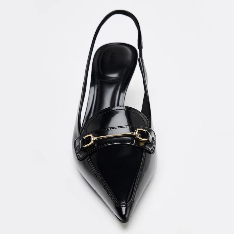ZA2025西班牙夏季新款黑色搭扣饰细高跟尖头露跟穆勒鞋包头凉鞋女：夏日里的优雅与性感并存！