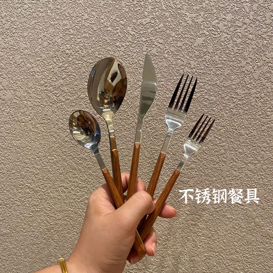 ins风刀叉韩式木纹长柄勺子不锈钢餐具叉勺精致木柄甜品小勺子女，餐桌上的艺术品✨