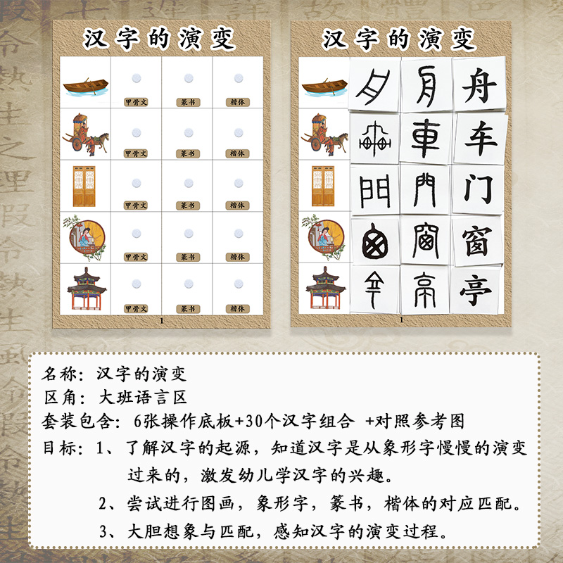 幼儿园中大班语言区角游戏：汉字演变象形字操作区材料自制教玩具，让孩子在游戏中学习汉字！