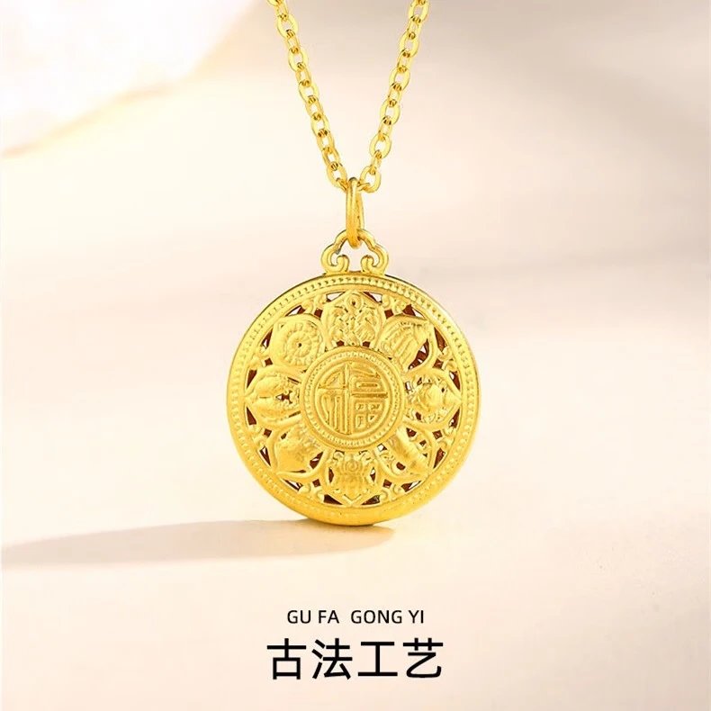 足金999纯金黄金招财纳福古法镂空吉祥如意八宝罗盘吊坠项链挂坠：传承千年吉祥，佩戴招财纳福的秘密武器！