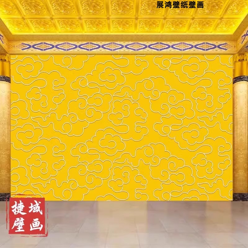 中式浮雕佛堂金色祥云壁纸：打造酒店大堂壁画的东方美学盛宴