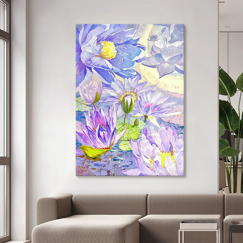 中式紫气东来：紫色荷花玄关壁画，简约防水入户装饰爆款