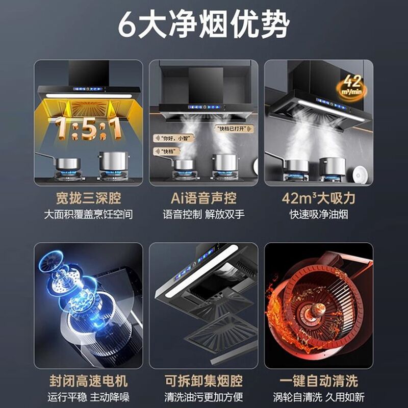 华帝抽油烟机：大吸力油烟机，厨房顶吸自动清洗神器，让你远离油烟烦恼！