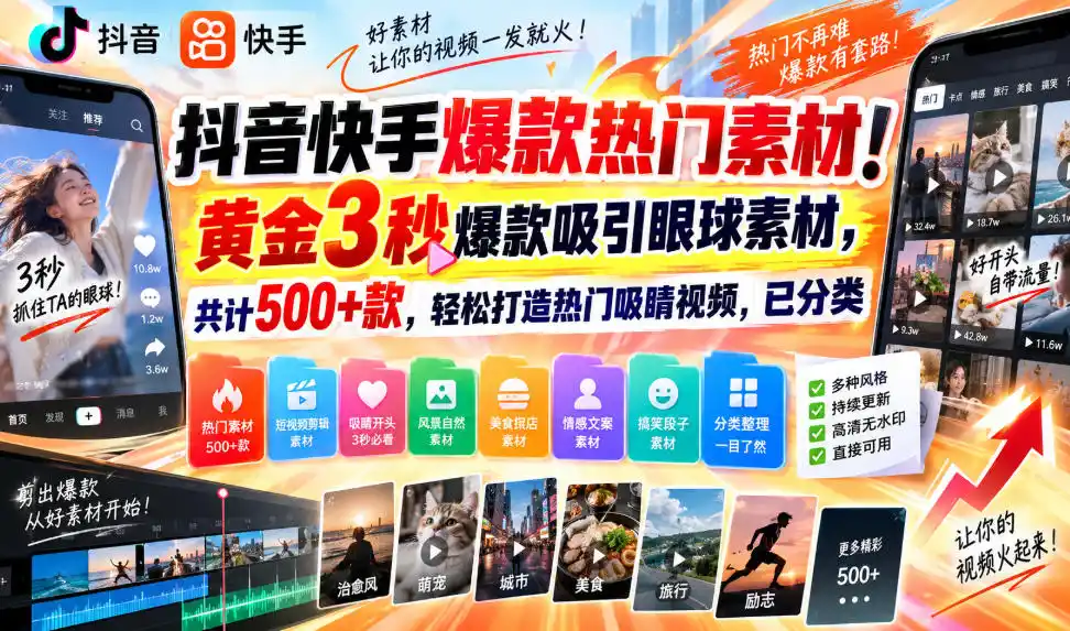抖音快手爆款热门素材!黄金3秒爆款吸引眼球素材,共计500+款,轻松打造热门吸睛视频,已分类