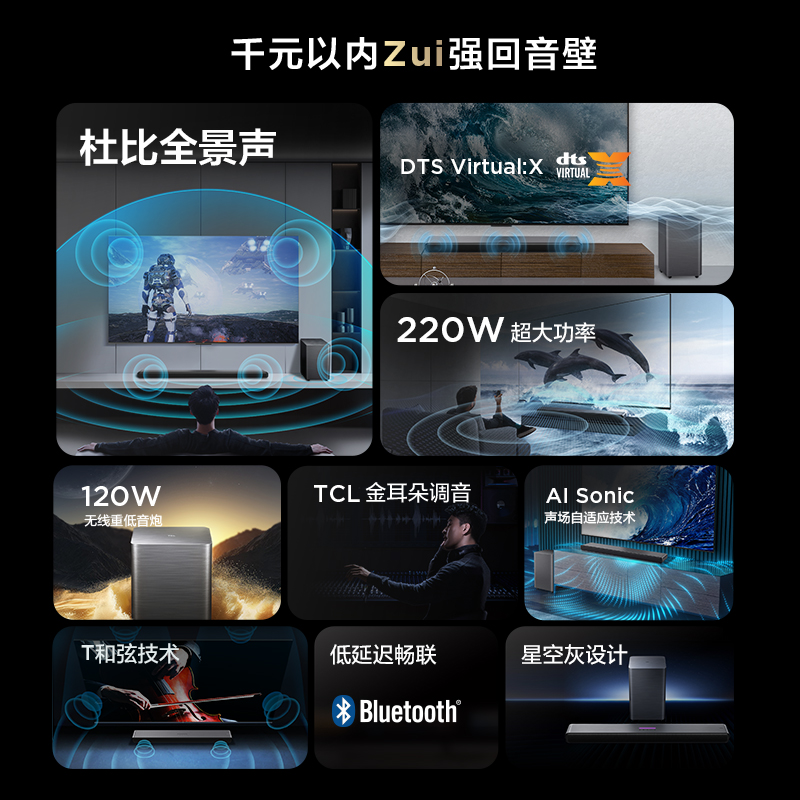 TCL回音壁S55H：杜比全景声与DTS Virtual:X220W独立重低音，打造家庭影院新体验！