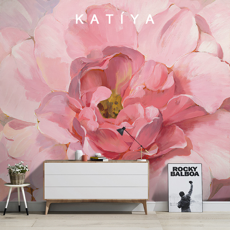 Katiya美式手绘粉色牡丹花朵壁纸：网红客厅电视背景墙的爆火密码！