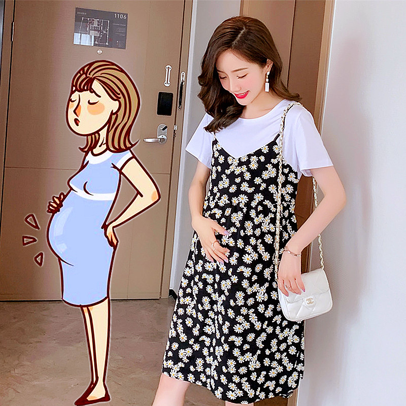 孕妇装夏装夏季新款两件套薄款纯棉拼接假两件上衣+半身裙套装女：时尚妈妈的夏日必备！