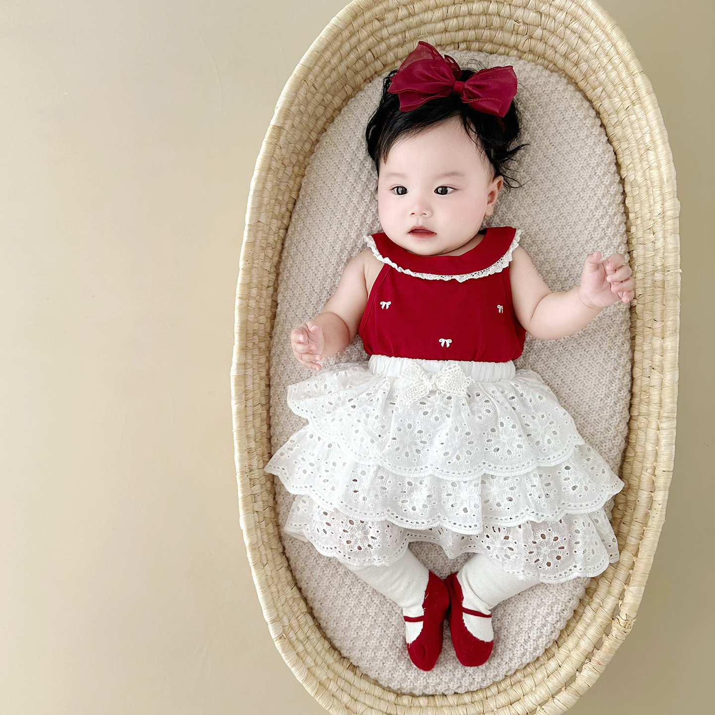 婴儿夏薄款包屁衣裙子套装，小月龄女宝宝百天公主夏天红色抓周礼服，萌翻天！