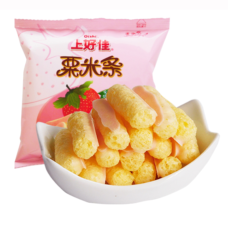 上好佳草莓口味非油炸栗米条，零食界的清新小仙女✨