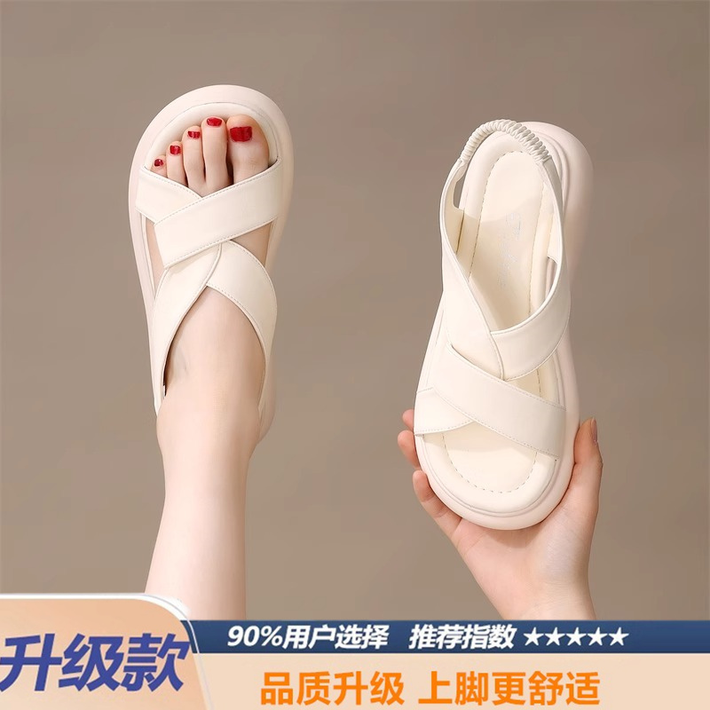 约会显贵必备！太显腿瘦了~米白Slingback平底粗跟松紧带后空包头凉鞋✨