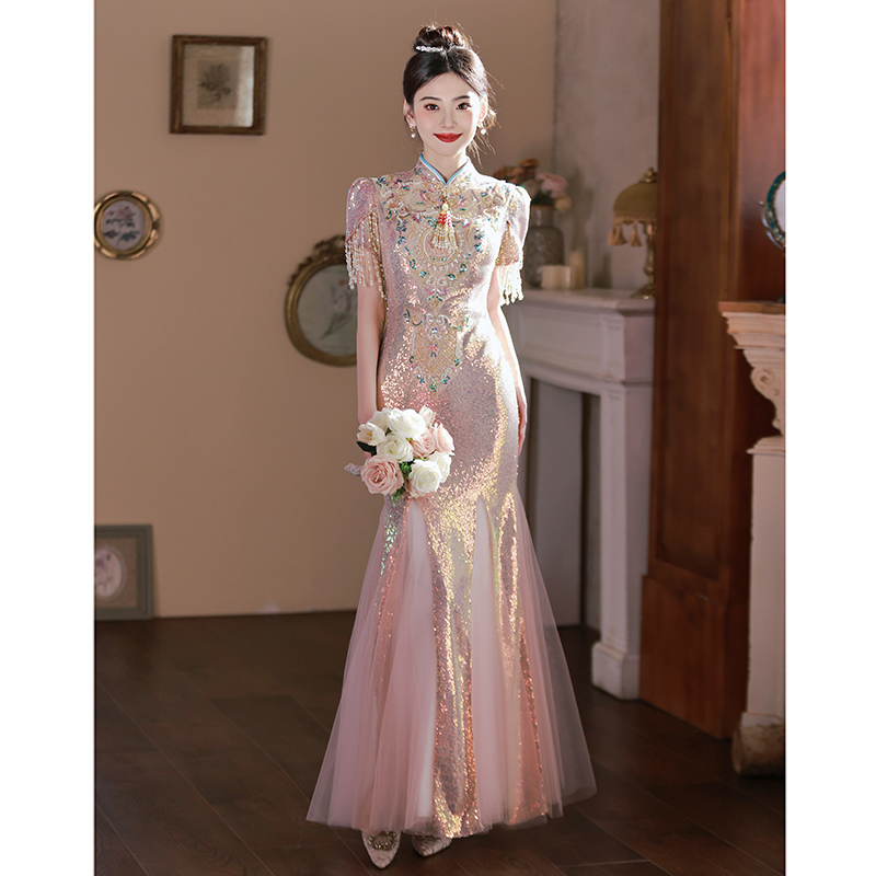 中式旗袍晚礼服裙：绝美亮片点亮小众高级主持成人敬酒服订婚闪