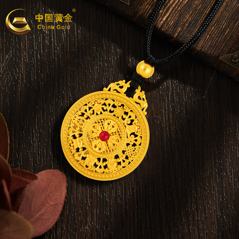 中国黄金古法手工足金项链：金刚杵八宝罗盘吊坠，生日节日礼物首选！