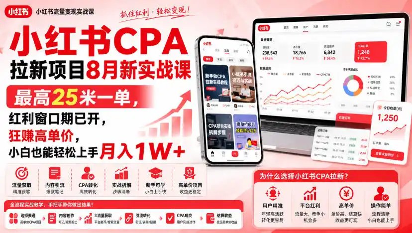 小红书CPA拉新项目8月新实战课，最高25米一单，红利窗口期已开，狂賺高单价，小白也能轻松上手月入1W+（更新0923）