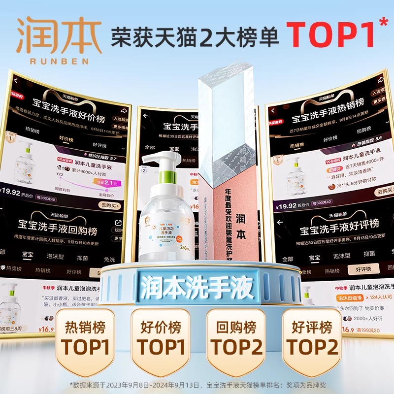 润本儿童洗手液：宝宝肌肤的温柔守护者，250ml*2瓶，温和清洁新选择！
