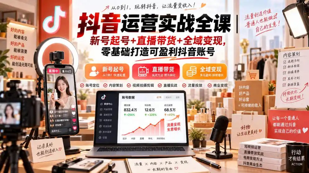 抖音运营实战全课｜新号起号+直播带货+全域变现，零基础打造可盈利抖音账号