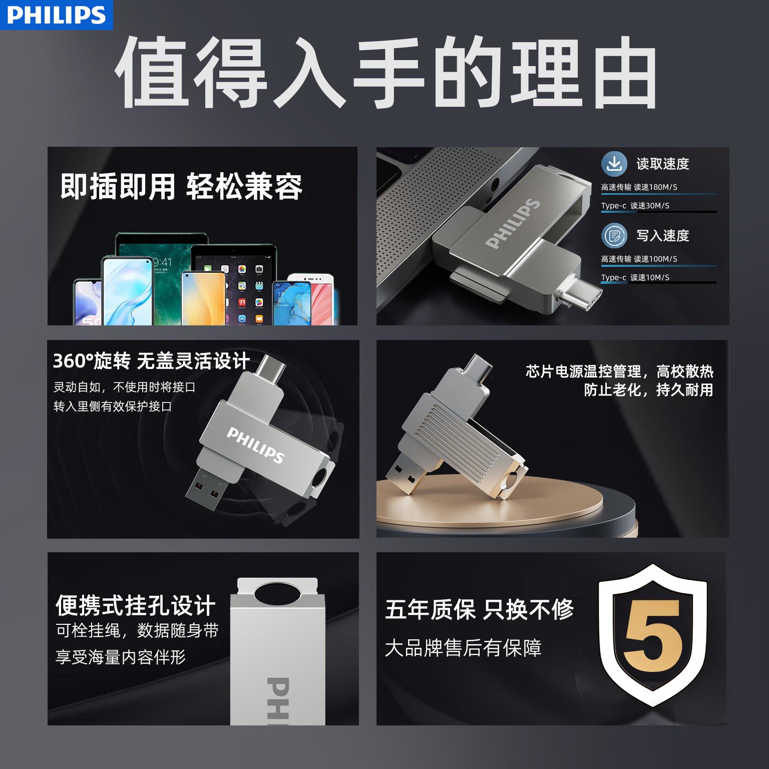 飞利浦Type-C双接口U盘：办公神器，256G大容量，高速传输，告别线控烦恼！