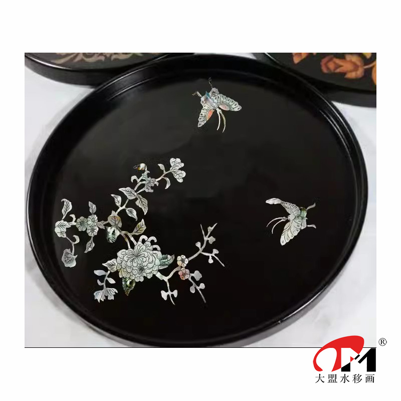 中式花鸟大盟水移画贝雕螺钿贴纸凳子茶具漆器木盒茶盘：传统美学的现代演绎