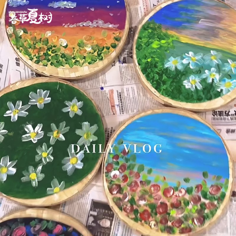 竹编手绘簸箕画：民族风少女江南水乡装饰壁画，打造梦幻家居氛围