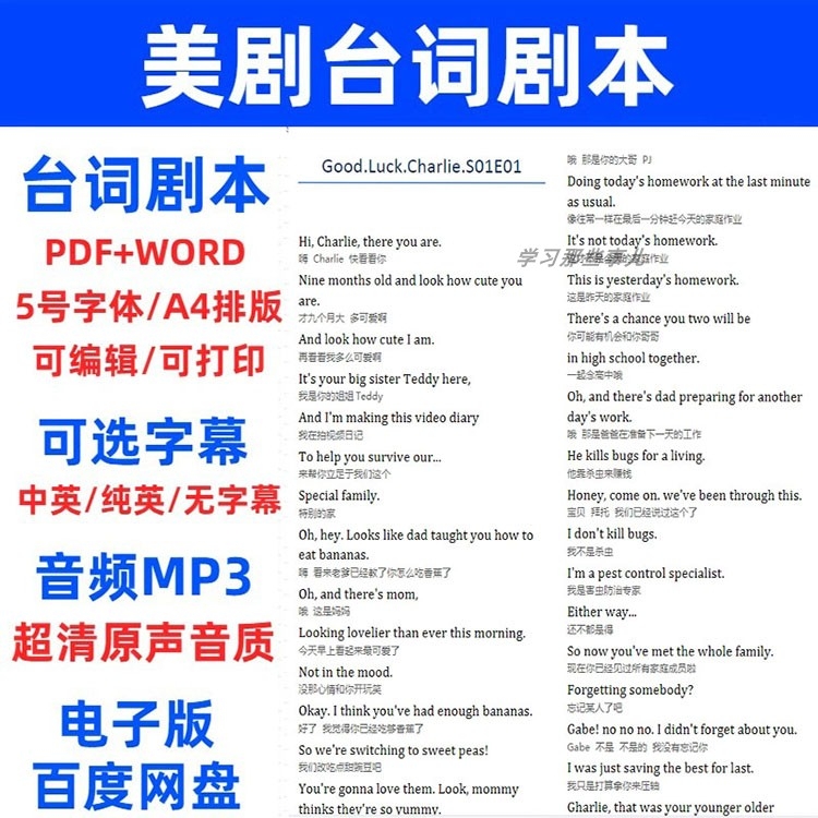 Good Luck Charlie 1-4季查莉成长日记：中英文台词本单词注解大放送！