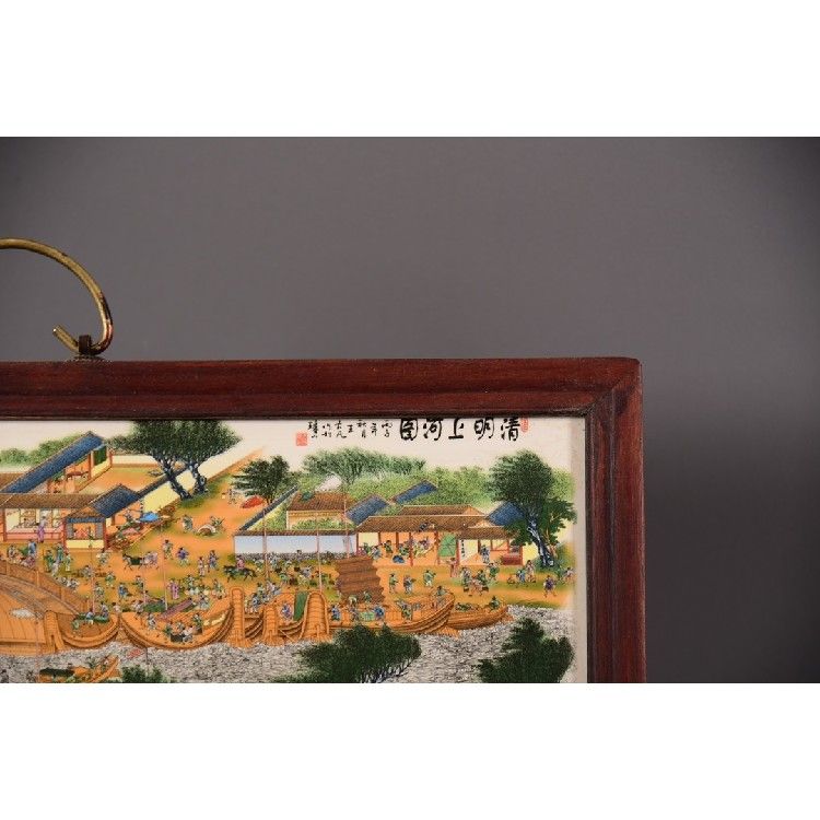国风古典木框青花瓷板画《清明上河图》：让53x20cm的横挂屏点亮你的客厅玄关！