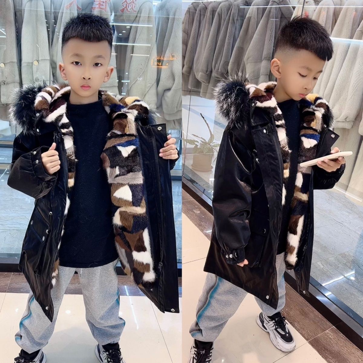 新款儿童水貂皮草派克服，冬季必备，孩子穿上就是小暖男/小暖女！