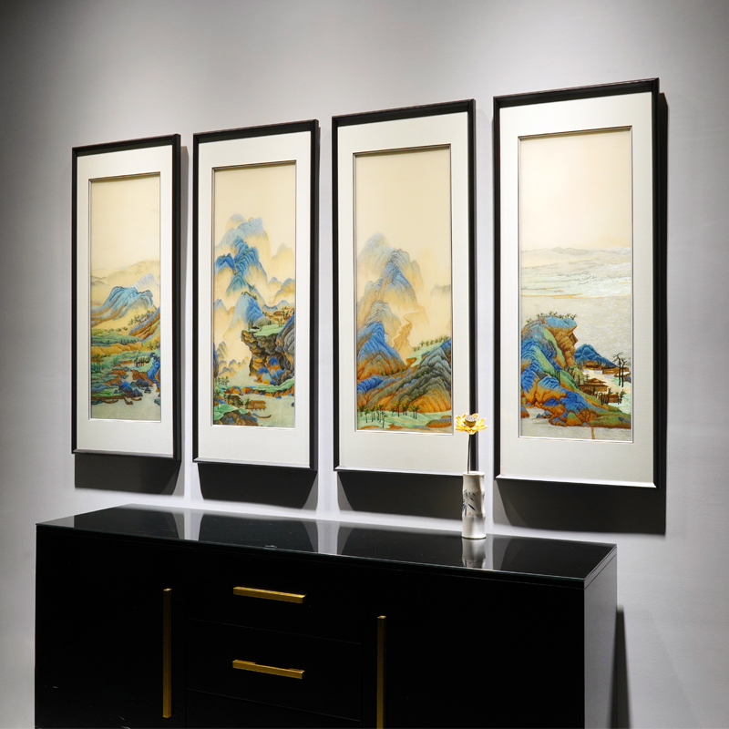 手工苏州刺绣画：千里江山四联幅，装点你的新中式家居空间