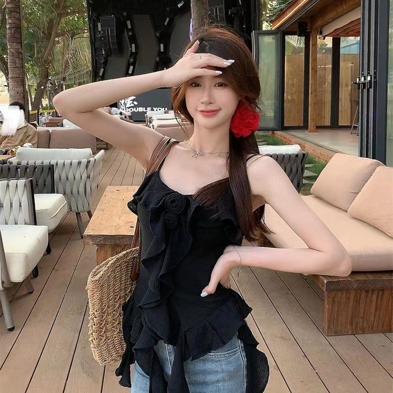 爆款推荐~自留款！辣妹风玫瑰印花不规则吊带上衣女夏季修身背心，你值得拥有吗？