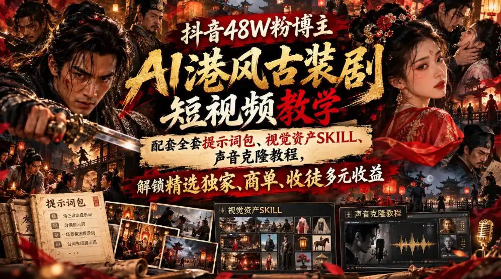抖音48W粉博主AI港风古装剧短视频教学,配套全套提示词包、视觉资产SKILL、声音克隆教程,解锁精选独家、商单、收徒多元收益