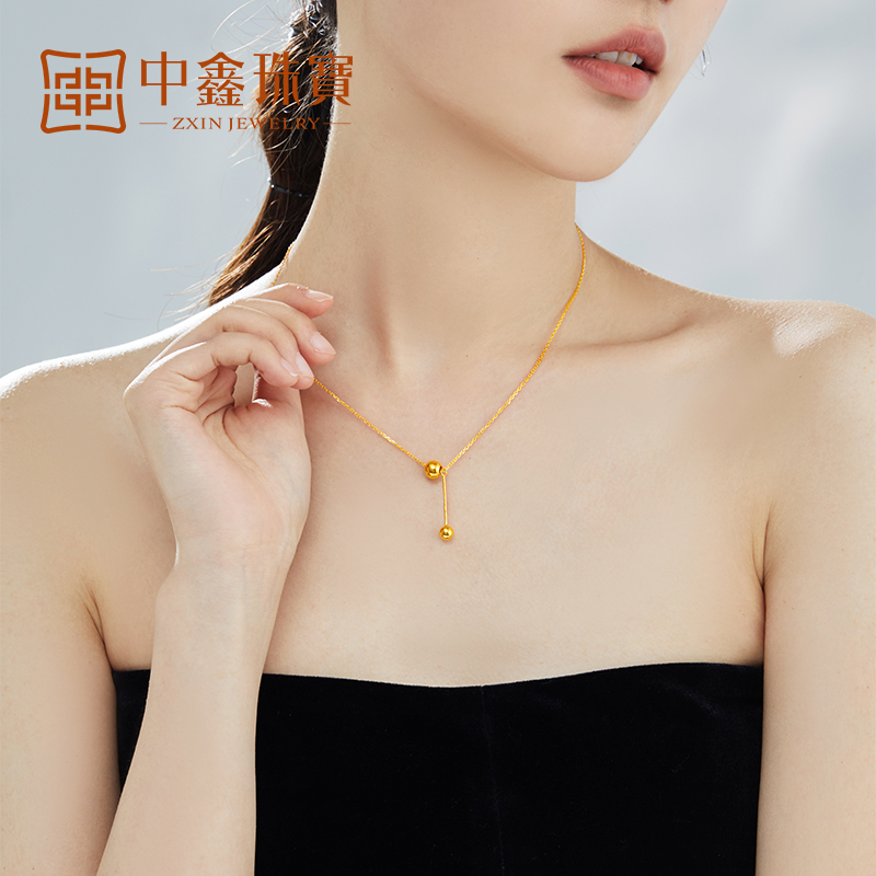 中鑫珠宝新款有球必应黄金项链：5G工艺锁骨链，转运珠金球吊坠，女神必备神器！