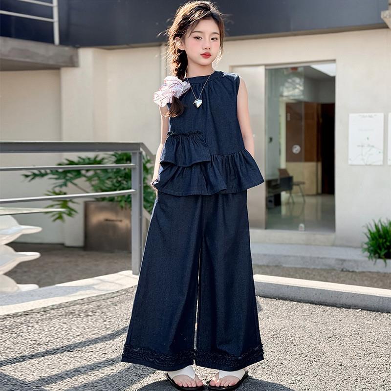 2025女童夏季背心套装：薄款牛仔背心+阔腿裤，气质穿搭新风尚！