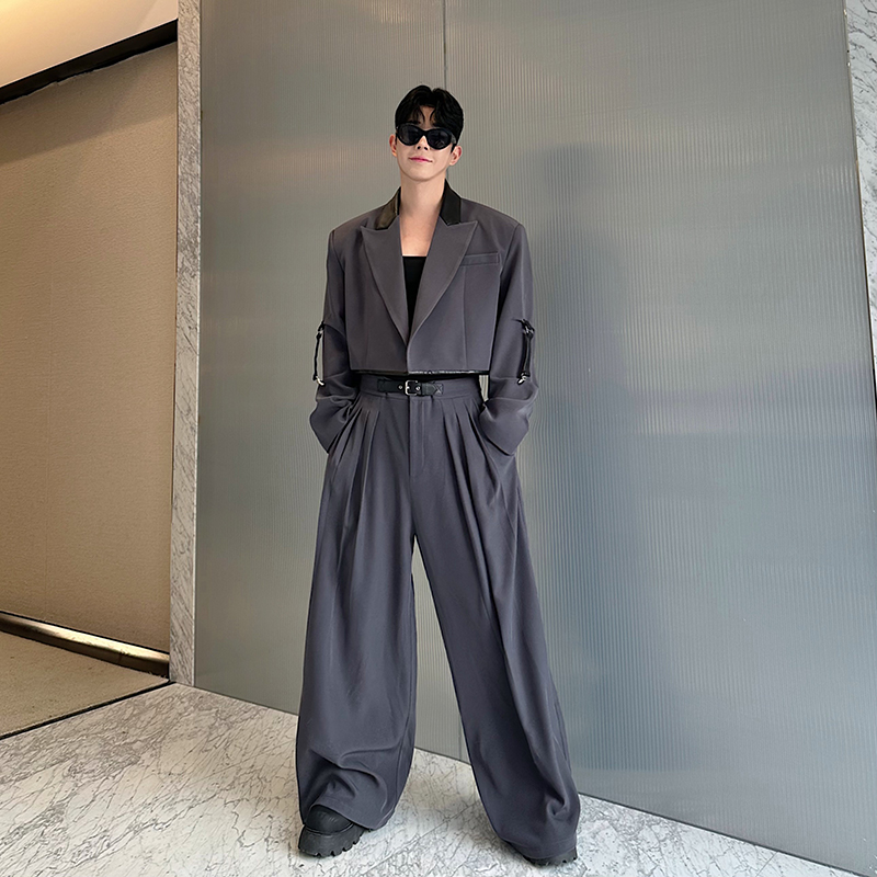 2025春季撞色拼皮短款西服外套+阔腿裤套装，打造高级感小众休闲风！