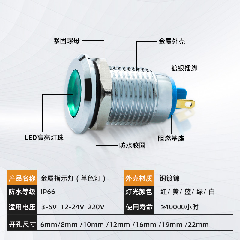 LED金属指示灯：点亮你的生活，6/8/10/12mm全尺寸覆盖，6V/12V/24V多电压选择，红绿双色/红绿黄三色任你挑！