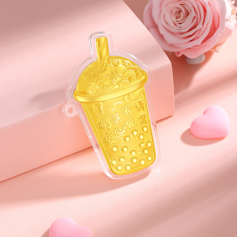 黄金奶茶摆件999足金奶盖杯，送给最爱的她，让她心动不已✨