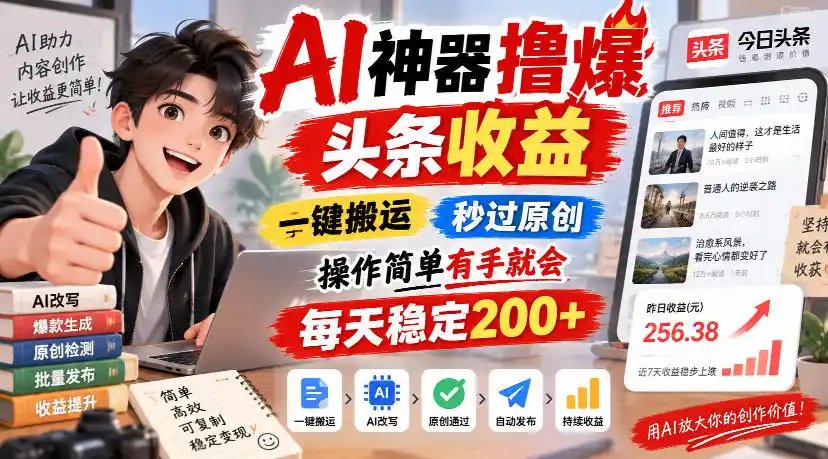 AI神器撸爆头条收益，一键搬运，秒过原创，操作简单有手就会，每天稳定200+【揭秘】