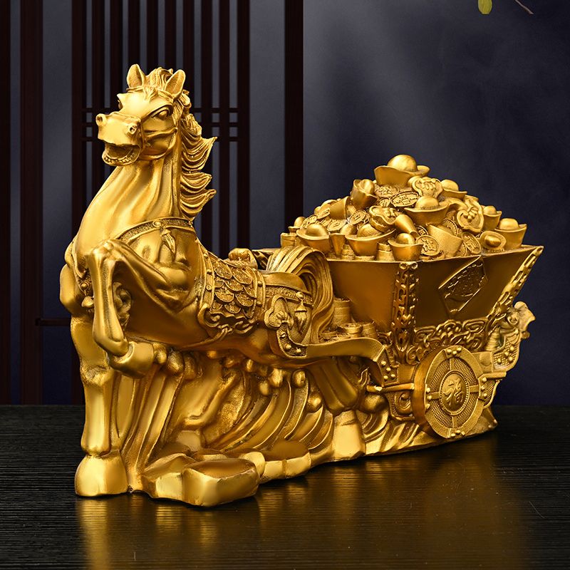 纯铜马摆件：马拉金箱，马上发财，办公室开业送礼新风尚！