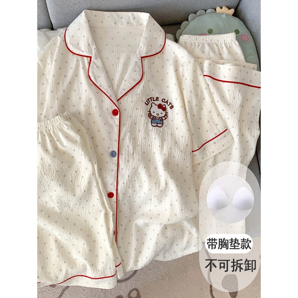 如何挑选带胸垫蓝色小猫咪纯棉纱布睡衣三件套？