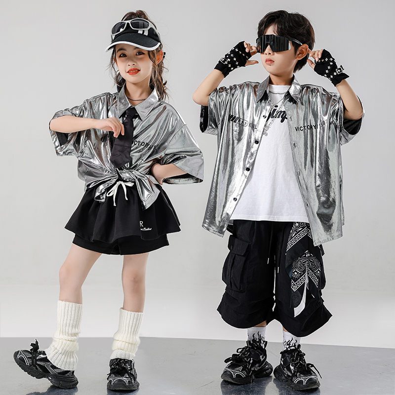 儿童街舞服：男童炫酷银色上衣，Hiphop舞台演出服，女团爵士舞走秀潮服！