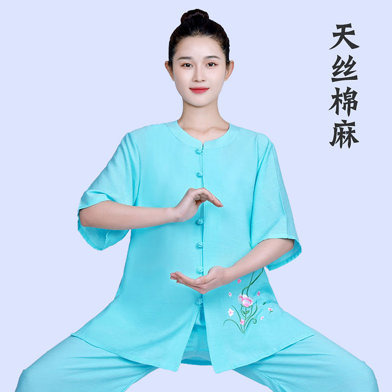 宏情新款夏季短袖太极服女！棉麻绣花练功服太绝了！晨练必备不撞款