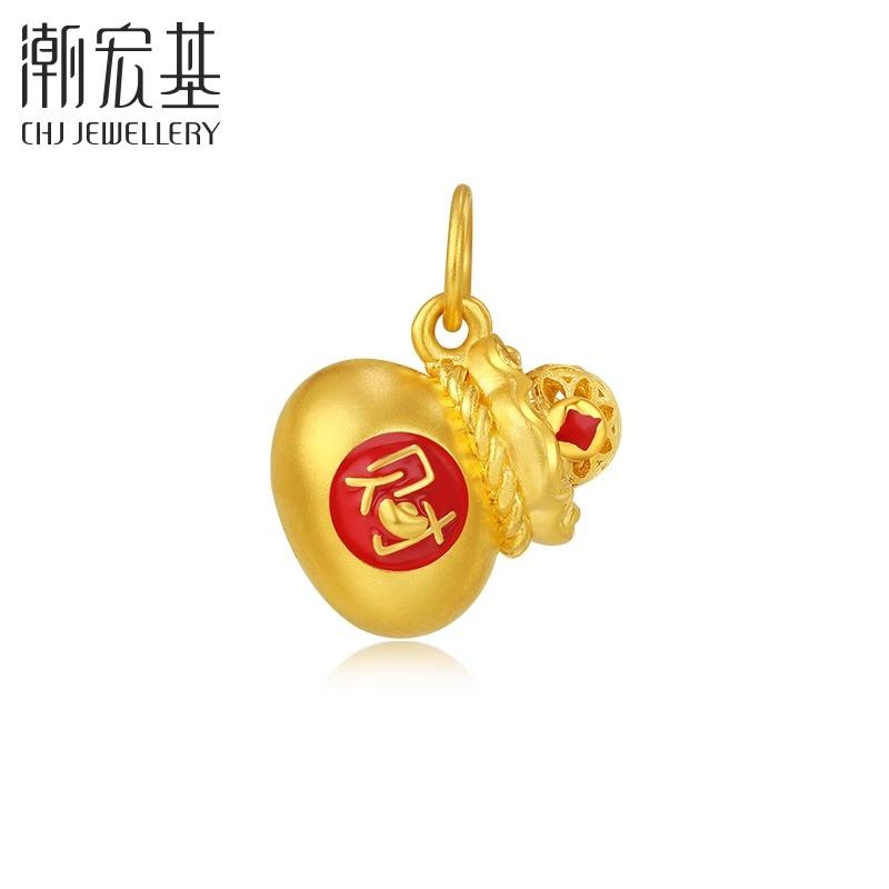 潮宏基来财系列黄金吊坠：福袋铜钱，开启财运新纪元！