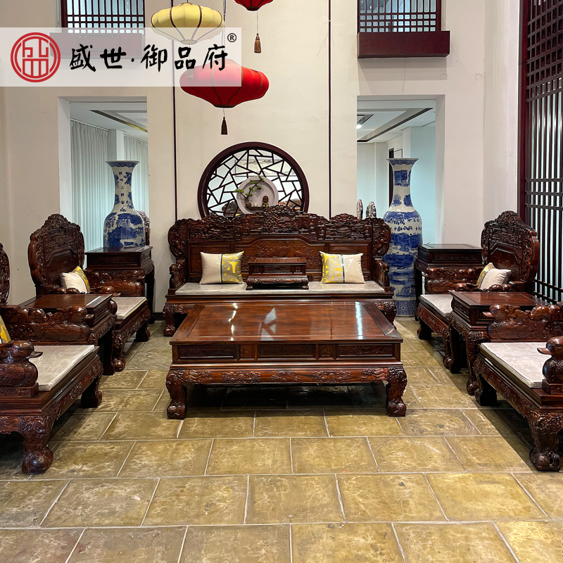 红木沙发：印尼黑酸枝木古典中式别墅客厅家具组合，阔叶黄檀鸳鸯宝座，打造奢华东方风情！