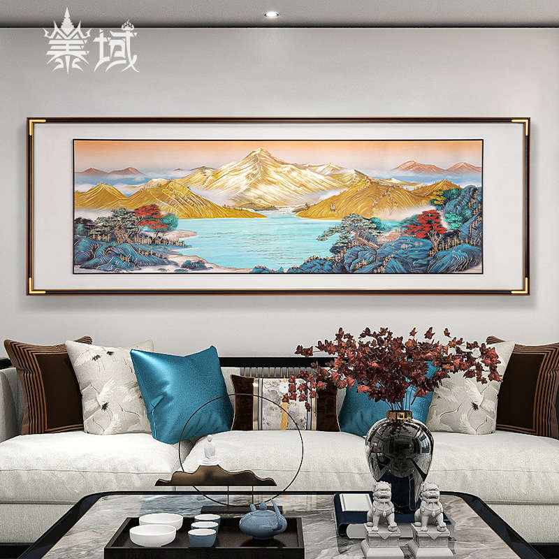 日照金山新中式挂画：客厅横版手工画，铜雕聚宝盆，大气沙发背景，打造东方美学家居！✨