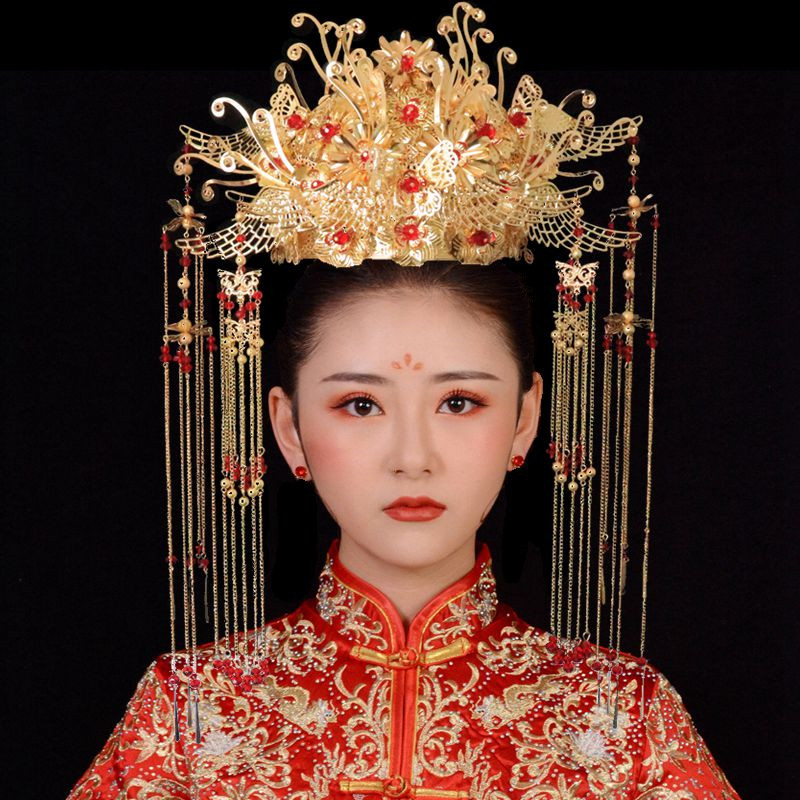 中式新娘头饰天花板！景泰蓝凤冠一戴，美到窒息！出嫁必备神器