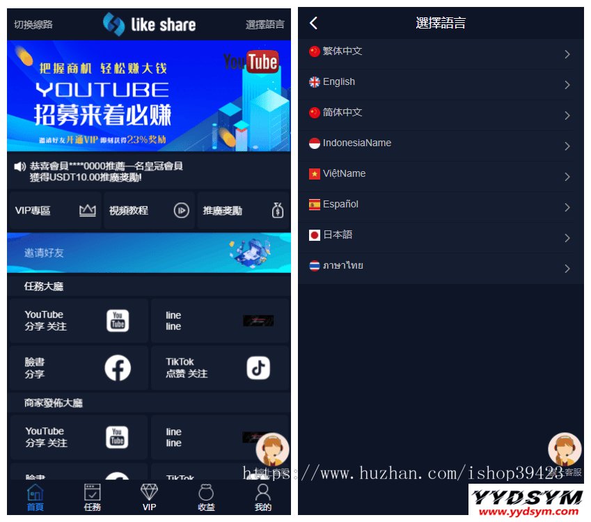 价值4500的国际版多语言点赞抖音分享点赞任务平台源码（十二种语言）
